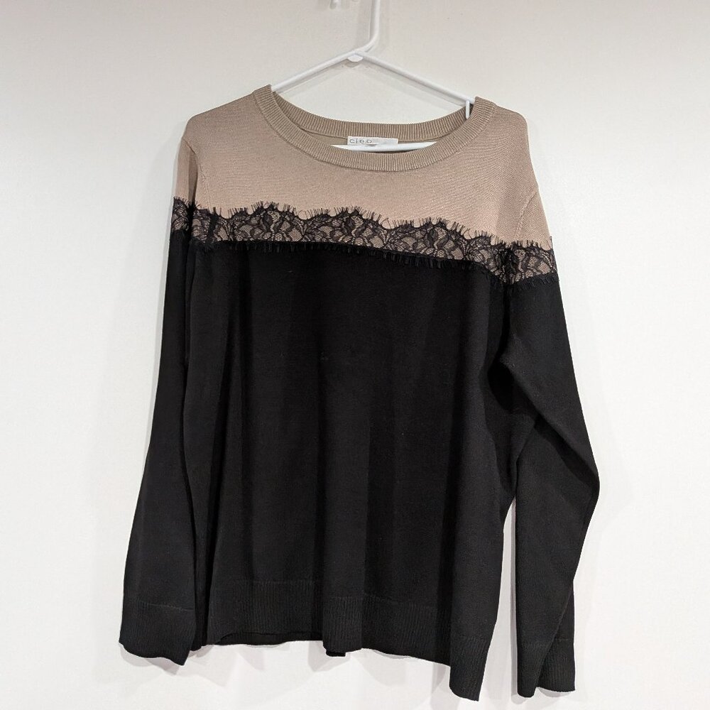 Cleo Crew Neck Sweater with Lace Detail Beige Black Size XXL